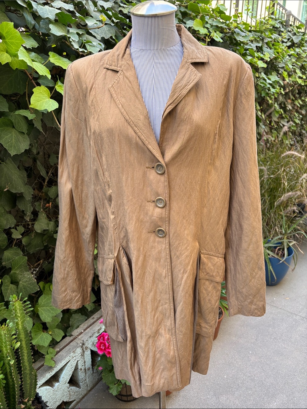 CAbi Tan Single-Breasted Long Trench Coat Large Pockets